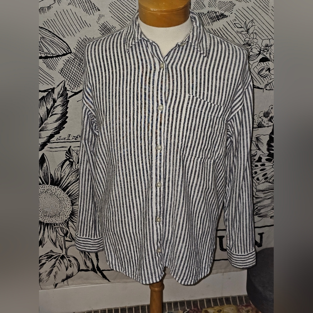 Nautica Blue and White Striped Men's Linen Blend Shirt Sz Medium